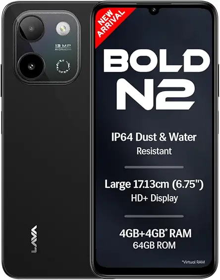 Lava Bold N2 (Indus Black, 4 GB RAM, 64 GB Storage) | 13MP AI Dual Rear Camera | Largest 6.75" HD+ Display | 5000 mAh Battery & 10W Charging | IP64 Water & Dust Proof | Charger & Phone-Case in Box
