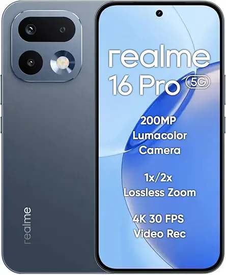 realme 16 Pro 5G Smartphone 8+256GB, 144Hz AMOLED Display, 7000mAh Battery, 80W SuperVOOC, 200MP Primary Camera 50MP Front Camera, MediaTek 7300-Max Processor, IP69, Pebble Grey