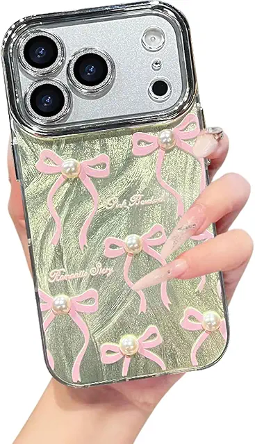 VONZEE Compatible with iPhone 17 Pro 6.3'' Case Luxury Pink Girly Cute 3D Bow Pearl Glitter Bling Case with Full Camera Protection Shockproof PC+TPU Glossy Shiny Cover for Girls Women, Gold
