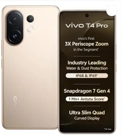 vivo T4 Pro 5G (Blaze Gold, 128 GB) (8 GB RAM) | 6500 mAh Battery | 7 Gen 4 Processor | 6.77" AMOLED Display | 50MP + 2MP + 50MP | 32MP Front Camera |