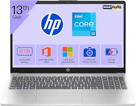 HP 15 Smartchoice, 13th Gen Intel Core i3-1315U (12GB DDR4, 512GB SSD) FHD, Anti-Glare, Micro-Edge, 15.6''/39.6cm, Win11, M365(1yr)*Office24, Silver, 1.59kg, fd0573TU, FHD Camera w/Shutter Laptop