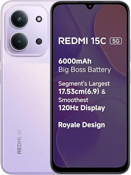 REDMI 15C 5G Dusk Purple 4GB + 128GB | Royale Design | Massive 6000mAh Battery | Segment's Largest 17.53cm Display Up to 120Hz | MediaTek Dimensity 6300 | 33W Fast Charging | 50MP AI Dual Camera