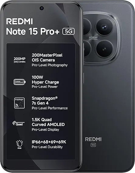 REDMI Note 15 Pro+ 5G (Carbon Black, 12GB + 256GB) | 200MasterPixel OIS Camera | Snapdragon 7s Gen 4 | CrystalRes AMOLED | IP69/69K | 6500mAh Si/C Battery | 100W HyperCharge