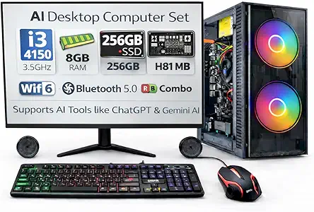 AI Ready Desktop Computer Set with 20" LED Monitor – Core i3-4130 3.4GHz, 8GB DDR3 RAM, 256, WiFi 6, Bluetooth 5.0, RGB Combo, Supports AI Tools Like ChatGPT & Gemini AI