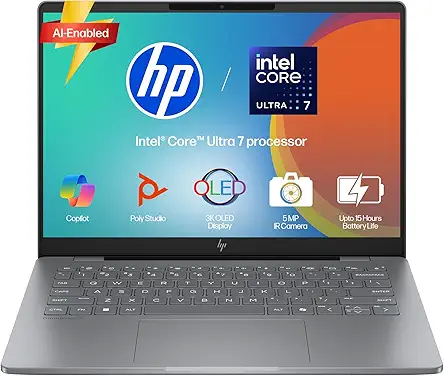 HP OmniBook 7 OLED (Previously Pavilion Plus), Intel Core Ultra 7 255H (32GB LPDDR5,1TB SSD) 3K,0.2 ms, 14''/35.6cm, Win11, M365, Office24, Meteor Silver,1.5kg, fr0116TU, 5MP Camera, Backlit AI Laptop