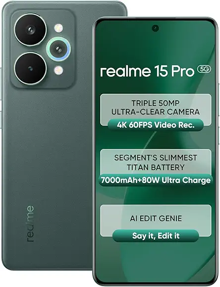 realme 15 Pro 5G Smartphone 12+256GB Green,4K 60FPS,144Hz HyperGlow 4D Curve Display,7000mAh Battery,80W SuperVOOC, Camera Triple 50MP, Snapdragon 7 Gen 4, IP69