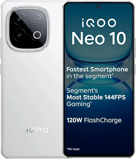 iQOO Neo 10 (Alpine White, 8GB RAM, 256GB Storage) | Segment's Fastest Processor* with Snapdragon 8s Gen 4 & Supercomputing chip Q1 | 120W FlashCharge | Segment's Brightest AMOLED Display*