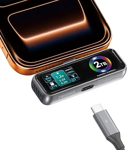 TWOPAN Magnetic Portable iPhone SSD for ProRes 4K 60fps Video, 2TB External Hard Drive Super Storage for iPhone 17/16/15 Pro/Pro Max, iMac/MacBook, LCD Display, USB-C PD 3.0 Port, Built-in Cooling Fan