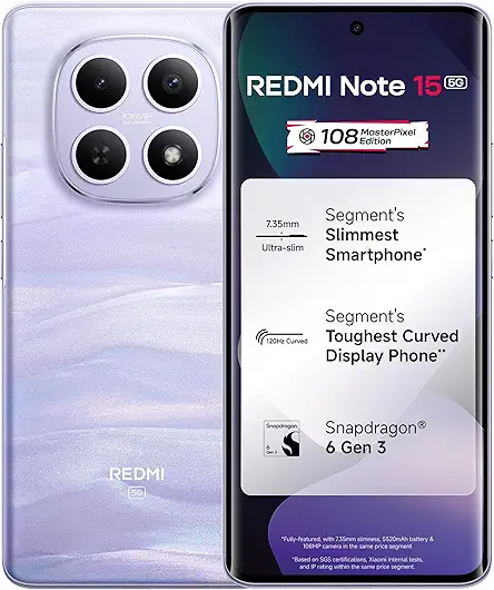 REDMI Note 15 5G (Mist Purple, 8GB RAM 256GB Storage) | 108MP OIS Camera | Snapdragon 6 Gen 3 | 17.2cm Tough Curved AMOLED Screen | Segment's Slimmest Phone | 5520mAh Si/C Battery | 45W Fast Charging