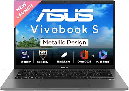 ASUS Vivobook S14, Intel Core Ultra 7 255H, Metallic Design Laptop(Intel iGPU/16GB RAM/512GB SSD/FHD+/14"/60Hz/Windows 11/M365 Basic (1Year)*/Office Home 2024/Matte Gray/1.4 Kg) S3407CA-LY083WS