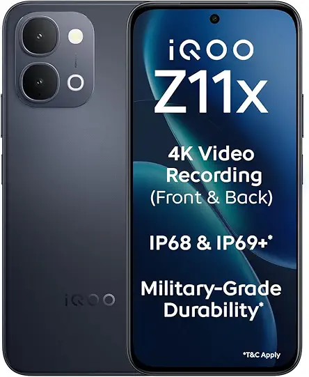 iQOO Z11x 5G (Titan Black, 8GB RAM, 256 GB Storage) | Dimensity 7400-Turbo Processor | 7200 mAh Battery | 4K Video Recording Front & Back | IP68 & IP69+ | Powered by OriginOS 6