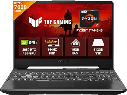 ASUS TUF A15, AMD Ryzen 7 7445HS, Gaming Laptop(RTX 3050-4GB/75W TGP/16GB RAM/512GB SSD/FHD/15.6"/144Hz/Backlit Keyboard/48Whrs/Win11/MS Office24/Graphite Black/2.3 Kg) FA506NCG-HN200WS