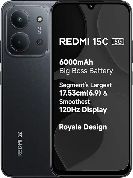 REDMI 15C 5G Midnight Black 4GB + 128GB | Royale Design | Massive 6000mAh Battery | Segment's Largest 17.53cm Display Up to 120Hz | MediaTek Dimensity 6300 | 33W Fast Charging | 50MP AI Dual Camera