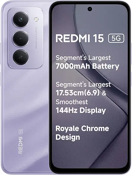 Redmi 15 5G Sandy Purple 8GB + 256GB | Segment's Largest 7000mAhA Battery | Segment's Largest Display 17.53cm(6.9) Up to 144Hz | Snapdragon 6s Gen 3 | 18W Reverse Charging | 50MP AI Dual Camera