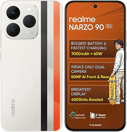 realme NARZO 90 5G (Victory Gold,8GB+128GB) | 7000mAh Biggest Battery | 60W Fastest Charging | 50MP Front & Rear AI Cameras | 4000nits Brightest Display | AI Assist | IP69 Dust & Water Resistance