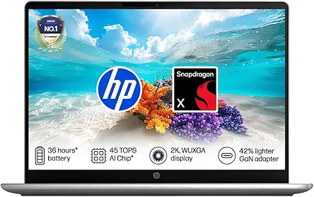 HP Omnibook 3, Snapdragon X Processor 45 TOPS (16GB LPDDR5x,512GB SSD) 2K WUXGA, Anti-Glare, 14''/35.6cm, Win 11, M365*Office 24,Silver,1.42kg, hz0026QU, Lighter mini Charger, FHD IR Camera, AI Laptop