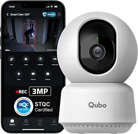 Qubo Smart Cam 360° 3MP [2026 Edition] by Hero Group | STQC Certified | AI Person Detection | Intruder Alarm | Color Night Vision | Two-Way Talk | Records Directly on Cloud | No SD Card Required