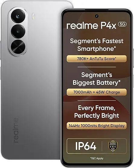 realme P4X Smartphone 6.72 inch 144Hz Display 7000mAh Titan Bettery 45W Fast Charge 6GB RAM 128GB ROM Dimensity 7400 Ultra 5G Chipset IP64 Waterproof Dual SIM (Matte Sliver)