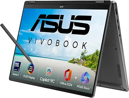 ASUS Vivobook 14 Flip,Intel Core Ultra 5 (Series 2),Intel Arc iGPU,40TOPS,16GB,512GB,FHD+ Touch Screen,14",Windows 11,M365 Basic (1Year)*,Office 2024,Gray,1.57 kg, TP3407SA-QL024WS, Copilot+ AI PC