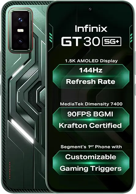 Infinix GT 30 5G+ (Pulse Green, 8GB RAM, 128GB Storage) | Cyber Mecha Deisgn with LED Lights | 90FPS on BGMI | 1.5K 144Hz AMOLED Display | Segment's 1st Gaming Triggers | 64MP Sony Camera | Infinix AI