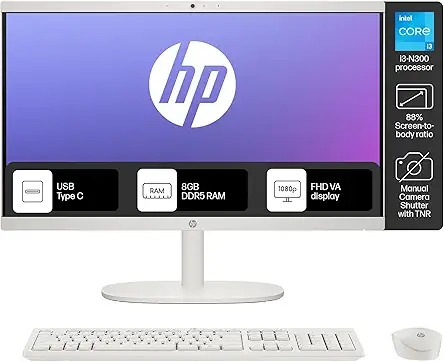 HP All-in-One Desktop Intel® Core™ i3-N300,21.5 inch(54.5cm),FHD,Anti-Glare,8 GB DDR5, 512GB SSD,White Wireless Keyboard and Mouse Combo,White, Windows 11, 4.17kg,22-dg0786in