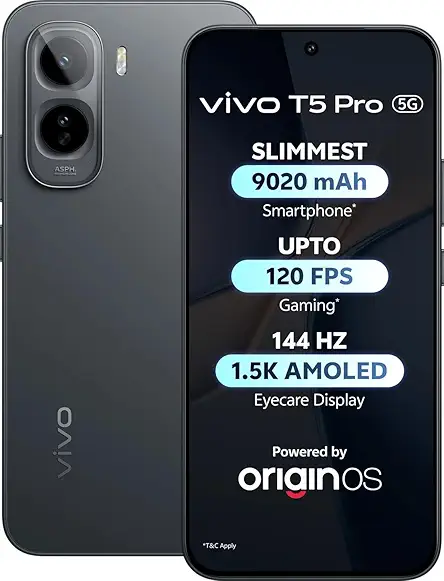 vivo T5 Pro 5G (Cosmic Black, 8GB RAM, 128GB Storage) | Snapdragon 7s Gen 4 | 50MP Camera | 9020mAh Battery | 6.83” FHD+ Display