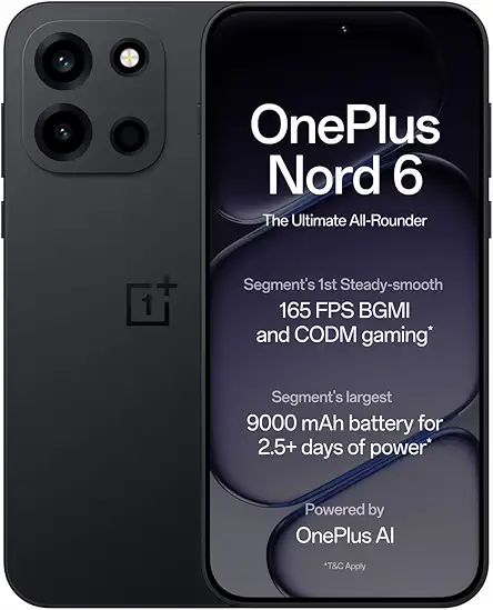 OnePlus Nord 6 | 12GB+256GB | Pitch Black | Snapdragon 8s Gen 4 | Segment's First Stable 165FPS Gaming | Segment's Largest 9000mAh Battery | Most Complete IP Rating | Personalized AI