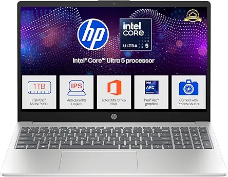 HP 15, Intel Core Ultra 5 125H (16GB DDR5, 1TB SSD) FHD, IPS, 15.6''/39.6cm, Win11, M365 Basic(1yr)*Office24, Silver, 1.65kg, fd1354TU, Intel Arc Graphics, FHD Camera w/Shutter, AI Powered Laptop