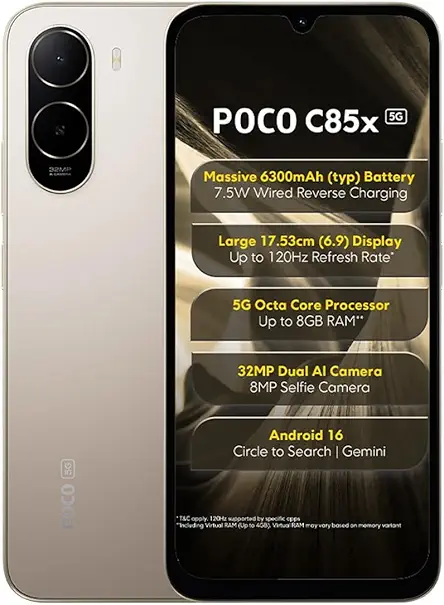 POCO C85x 5G Smartphone, Sunset Gold, 6.9 Inch Display, 32MP Dual AI Camera, 6300mAh Battery, 64GB Storage