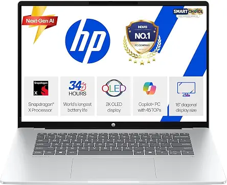 HP Smartchoice Omnibook 5 OLED (Previously Pavilion), Snapdragon X Processor 45 Tops (16GB LPDDR5x, 1TB SSD) 2K,16''/40.6cm, Win11, Office24, Silver, 1.59kg, fb0001QU, Multi-Day Battery AI Laptop