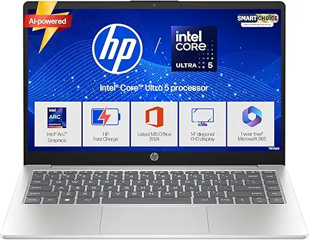 HP 14 Smartchoice, Intel Core Ultra 5 125H 12 TOPS, 24GB DDR5 (Upgradeable) 1TB SSD, Anti-Glare, FHD, 14''/35.6cm,Win11, M365*Office24, Silver, 1.4kg, ep1180tu, FHD Camera w/Shutter, Backlit AI Laptop
