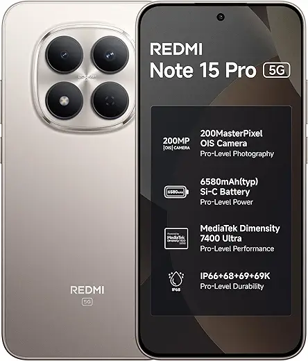 REDMI Note 15 Pro 5G (Silver Ash 8GB+256GB) | 200MasterPixel OIS Camera | Dimensity 7400-Ultra | 17.3cm CrystalRes AMOLED Screen | IP66/68/69/69K | Mega 6580mAh Si/C Battery | 45W Fast Charging