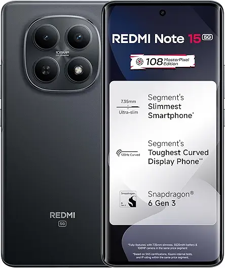 REDMI Note 15 5G (Black, 8GB RAM 256GB Storage) | 108MP OIS Camera | Snapdragon 6 Gen 3 | 17.2cm Tough Curved AMOLED Screen | Segment's Slimmest Phone | 5520mAh Battery | 45W Fast Charging