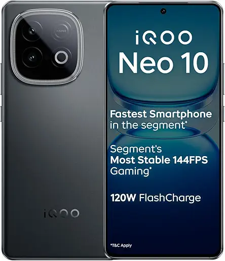 iQOO Neo 10 (Asphalt Black, 12GB RAM, 256GB Storage) | Segment's Fastest Processor* with Snapdragon 8s Gen 4 & Supercomputing chip Q1 | 120W FlashCharge | Segment's Brightest AMOLED Display*