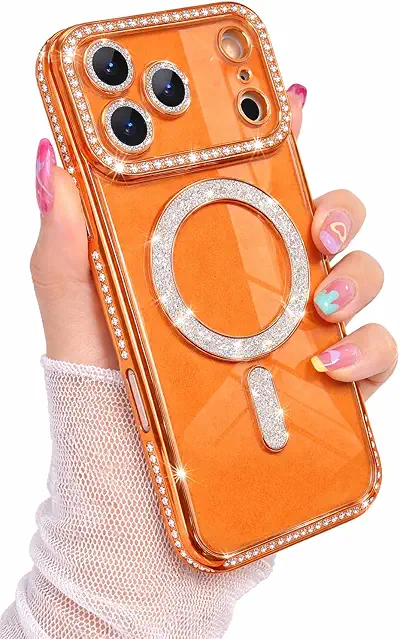 Luxury Glitter Bling Case Compatible with iPhone 17 Pro – Made for Girls & Women, Crystal Diamond Ring Holder with Sparkling Rhinestones, Shockproof Slim Protective Back Cover (Orange)