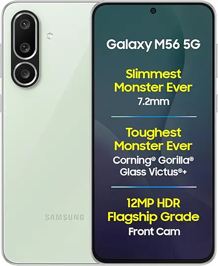 Samsung Galaxy M56 5G Mobile (Light Green,8GB RAM,256GB Storage)| Segment Slimmest | Gorilla Glass Victus+| 10 Bit HDR Video| 50MP Camera| AI | Vapour Cooling Chamber| Lag-free Gaming| Without Charger