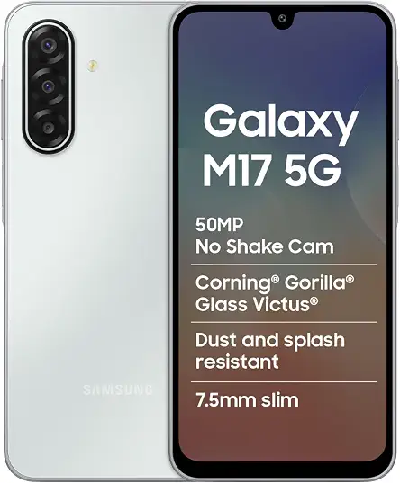 Samsung Galaxy M17 5G Mobile (Moonlight Silver, 4GB RAM, 128GB Storage) | 50MP OIS Triple Camera | Gorilla Glass Victus| IP54 | 6 Gen OS Upgrades | AI | Gemini Live | Lag-free Gaming | Without Charger