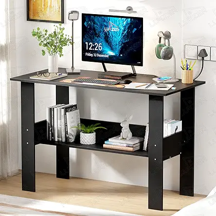 Lukzer Engineered Wood Computer Desk with One Tier Shelves Laptop Study Table for Office Home Workstation Writing Modern Desk (ST-004/ Black / 90 x 50 x 75 cm)