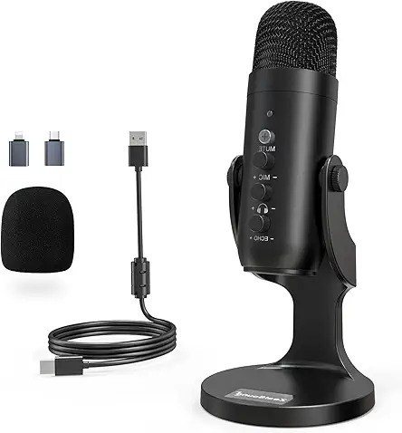 zealsound USB Microphone, Condenser Computer Mic, Plug & Play Gaming Microphone for Phone/PS4/PS5, Headphone Output, Volume Control, Mic Gain Control, Mute Button, YouTube Podcasting on Windows(Black)