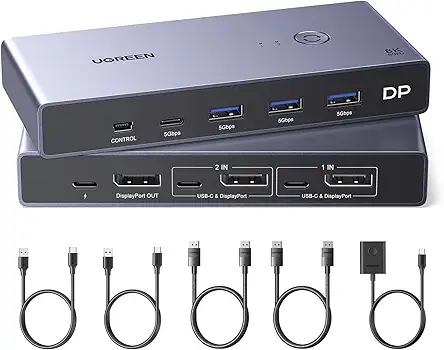UGREEN DisplayPort KVM Switch 8K@60Hz DP USB 3.0 with 3 USB + 1 Type-C Switch 2 Ports for 2 Computers Share 1 Monitor Keyboard Mouse Hard Drives Printer with 2 DP Cables, 2 USB Cables and Controller