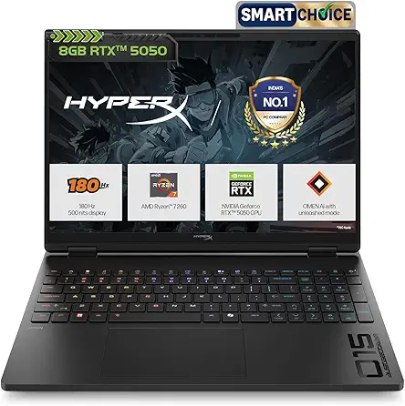 HP Smartchoice HyperX OMEN 15, AMD Ryzen 7 260, 8GB-RTX 5050, 24GB DDR5 (Upgradeable), 1TB SSD, 180Hz, 2.5K, 500 nits, 3ms RT, 15.3''/38.9cm, Win11, Office24, Black, 2.42kg, gb0038AX, AI Gaming Laptop