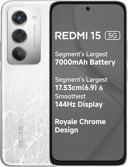Redmi 15 5G Frosted White 8GB + 128GB | Segment's Largest 7000mAhA Battery | Segment's Largest Display 17.53cm(6.9) Up to 144Hz | Snapdragon 6s Gen 3 | 18W Reverse Charging | 50MP AI Dual Camera