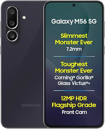 Samsung Galaxy M56 5G Mobile (Black, 8GB RAM, 128GB Storage)| Segment Slimmest | Gorilla Glass Victus+ | 10 Bit HDR Video | 50MP Camera | AI | Vapour Cooling Chamber | Lag-free Gaming| Without Charger