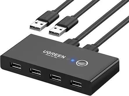 UGREEN USB 2.0 Sharing Switch, 2 Computers 4 Port USB Peripheral Switcher Adapter for PC, Printer, Scanner, Mouse, Keyboard with One-Button Swapping and 2 Pack USB A to USB A Cable