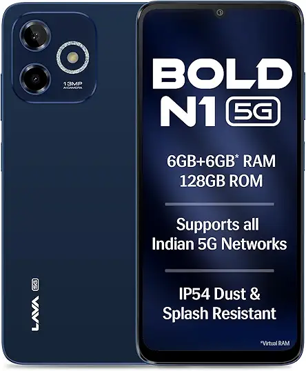 Lava Bold N1 5G (Royal Blue, 6GB RAM, 128GB Storage) |Bigger 6.75" HD+ Notch Display | Octacore 5G Processor | 13 MP AI Camera |5000 mAh Battery| IP54 Rated Dust & Water Splash Proof
