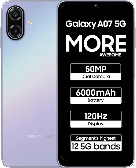 Samsung Galaxy A07 5G Smartphone (Light Violet, 6GB RAM, 128GB Storage) | 120Hz Refresh Rate | Massive 6000mAh Battery | 50MP True Dual Camera | 6 Gen OS Upgrades | Knox Vault