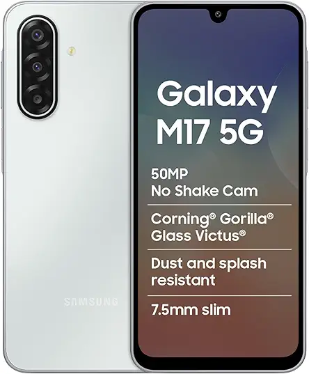 Samsung Galaxy M17 5G Mobile (Moonlight Silver, 6GB RAM, 128GB Storage) | 50MP OIS Triple Camera | Gorilla Glass Victus| IP54 | 6 Gen OS Upgrades | AI | Gemini Live | Lag-free Gaming | Without Charger