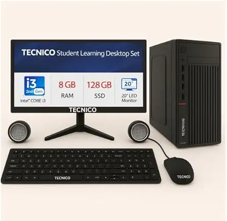 TECNICO Student Learning Desktop Set, 20" HD All-in-One Computer, Core i3 2nd Gen, 8 GB DDR3 RAM, 128 GB SSD, 20" LED Monitor, Keyboard & Mouse,Speaker, WiFi, 2 Years Warranty