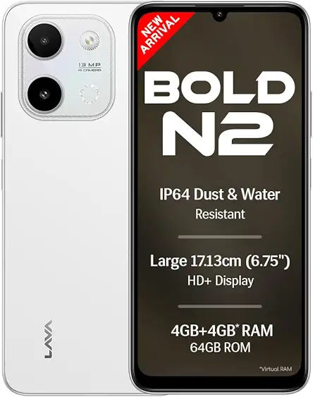 Lava Bold N2 (Siachen White, 4 GB RAM, 64 GB Storage) | 13MP AI Dual Rear Camera | Largest 6.75" HD+ Display | 5000 mAh Battery & 10W Charging | IP64 Water & Dust Proof | Charger & Phone-Case in Box