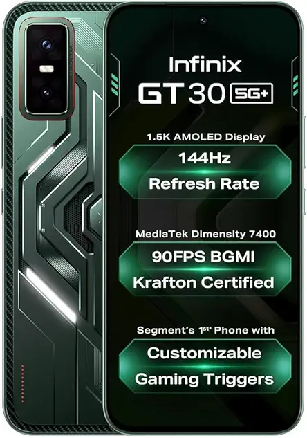 Infinix GT 30 5G+ (Pulse Green, 8GB RAM, 128GB Storage) | MediaTek 7400 Ultimate | 120FPS BGMI Gaming | Gaming Triggers | 1.5 Million+ AnTuTu AI